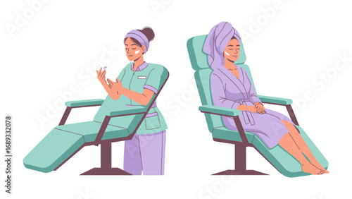 Skincare professionals and clients relax in comfortable chairs at a spa or beauty salon