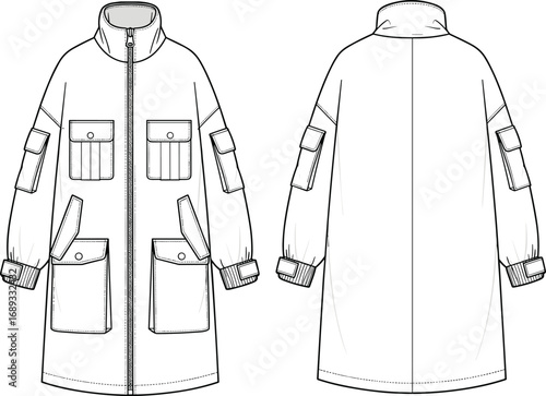 Technical flat sketch of long utility jacket with multiple cargo pockets, zipper front, high collar, elastic cuffs, CAD drawing vector