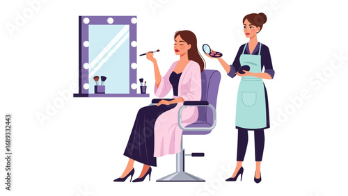 Professional makeup artist applying cosmetics to a client in a glamorous salon setting