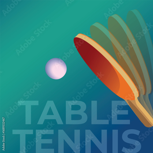 Table tennis, racket in motion, ball, dynamic game concept, team sport, ping pong tournament poster design. Racket sport, sports school decor, tennis training, training, activity