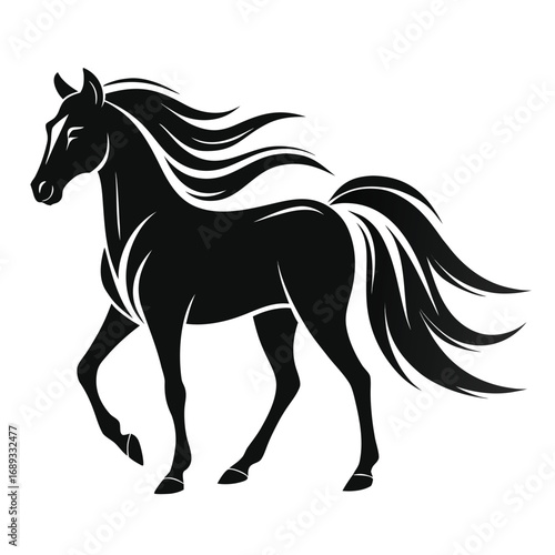 Silhouette of a black horse with flowing mane and tail on white background animal equine
