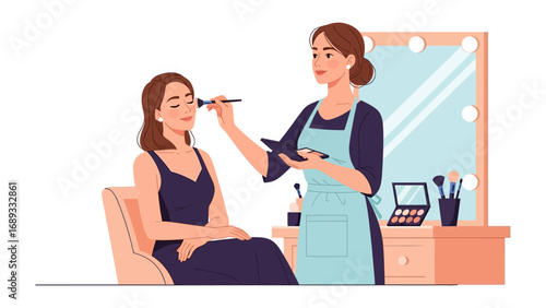 Professional makeup artist applying cosmetics to a client in a salon setting with mirror and tools