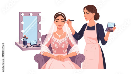 Bride receiving professional makeup application in dressing room before wedding ceremony