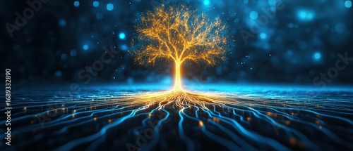 A glowing tree emerges from a blue, illuminated background, with intricate roots extending outward, symbolizing connection and life.