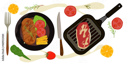 Fried beef steak, raw beef and grilled beef on a pan and arranged on a plate vector illustration. Cartoon steak being cooked on a pan.
