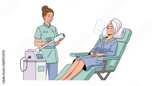 Nurse attends to patient in dental chair with medical equipment in a clean clinical setting