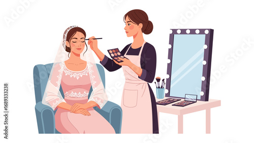 Professional makeup artist applying cosmetics to a bride in a salon setting with a lighted mirror