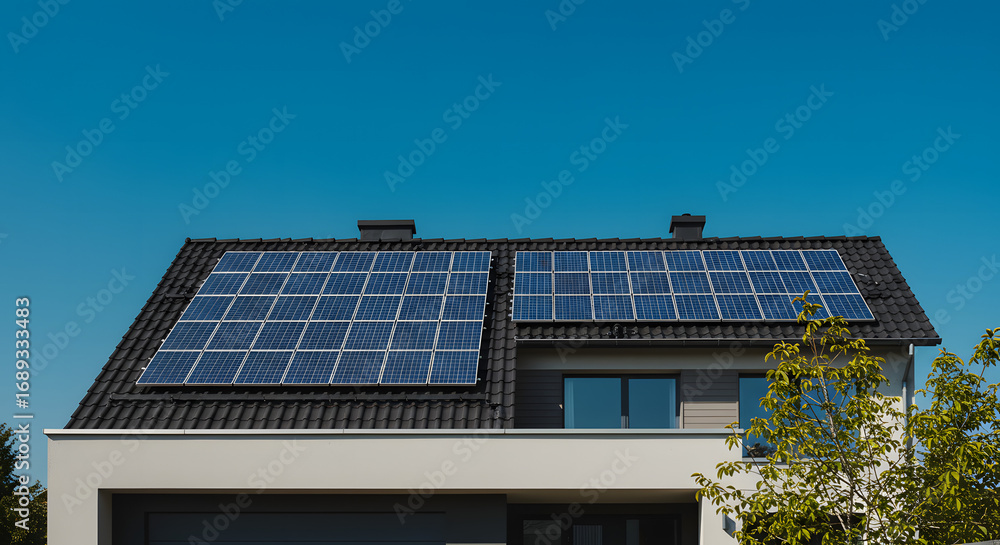 Naklejka premium Solar Panels on a Modern House Roof Against a Clear Sky