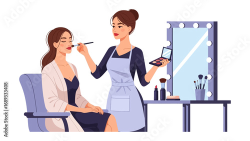 Professional makeup artist applying cosmetics to a client in a brightly lit studio setting