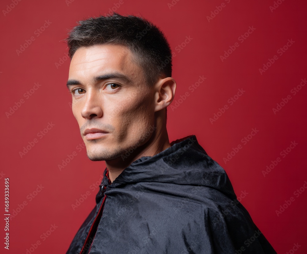Obraz premium A man with a serious expression wears a dark cloak against a vibrant red backdrop.