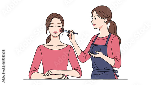Professional makeup artist applying blush to a client s cheek with a brush in a salon setting