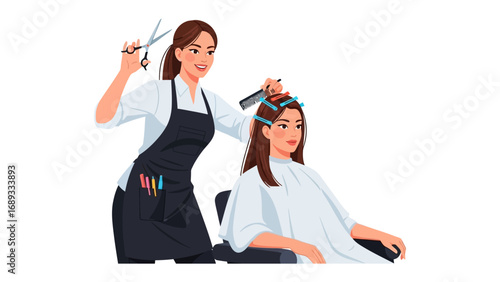 Skilled hairstylist meticulously cuts and styles a client s long brown hair with precision and care in a salon setting