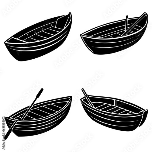 Four monochrome rowboats with oars in various orientations on a plain white background showcase boats