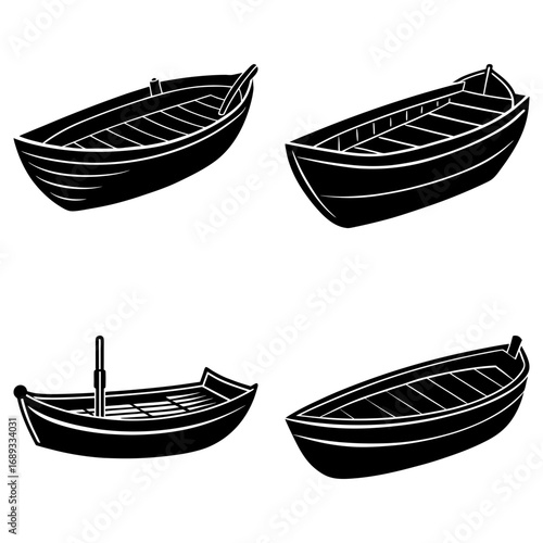 Four black and white rowboats of different styles isolated on a white background in a simple vector drawing