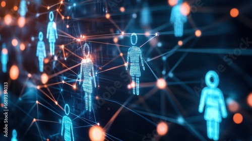 A digital network displaying interconnected figures, symbolizing social connections and data exchange in a modern, tech-driven landscape.