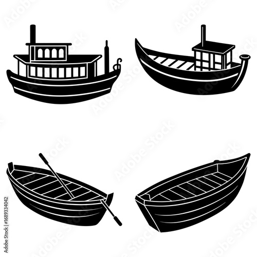 Illustration showing four different types of boats including rowboats and cabin cruisers in black and white
