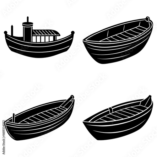Illustration of four black and white boats with different designs and orientations on a white background