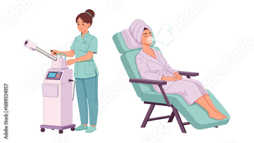 Medical professional operates advanced aesthetic equipment for patient relaxation and treatment in a modern clinic setting