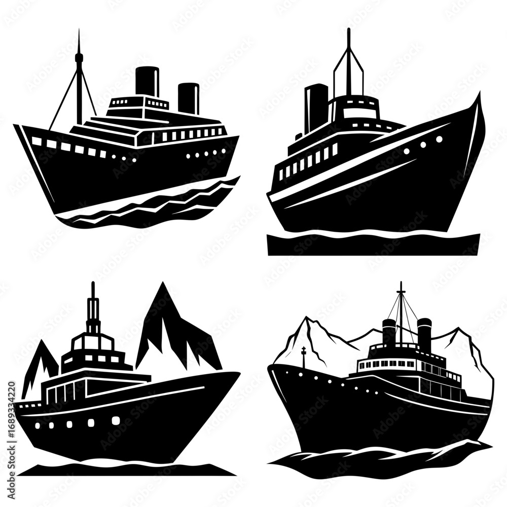Obraz premium Four black and white illustrations of cruise ships and boats on the water with mountains in the background