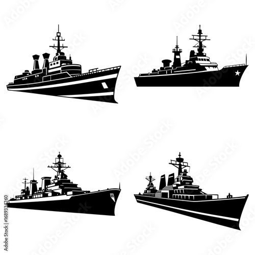 Four silhouettes of warships with detailed superstructures and prominent masts arranged on a white backdrop