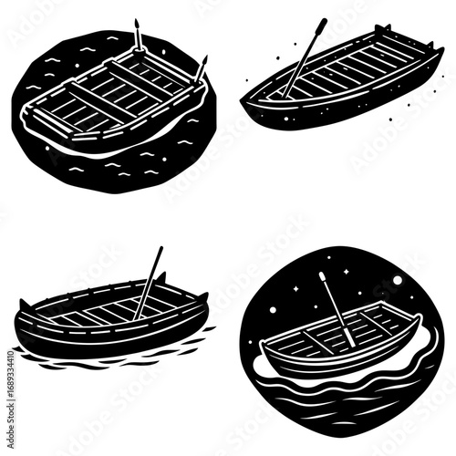 Four black and white illustrations of rowboats on water with oars in a vintage style design