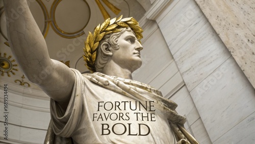 Fortune Favors the Bold Statue - Close-up of a statue with a laurel wreath, inscribed with 