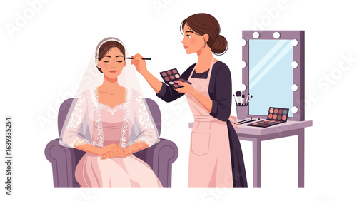 Bridal makeup artist carefully applying eyeshadow to a bride in a white dress with a veil