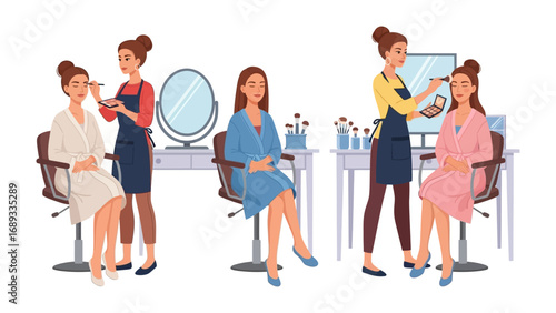 Professional makeup artists applying cosmetics and styling hair for clients in a salon setting