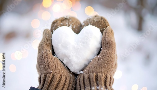 Heart-shaped snowball held in mittens