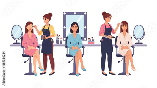 Professional makeup artists applying cosmetics to clients in a brightly lit salon setting