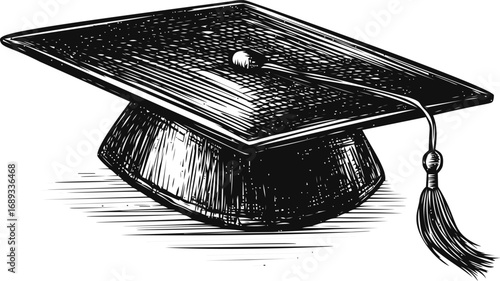 Graduation cap depicted in detailed black and white sketch illustration. Vector illustration