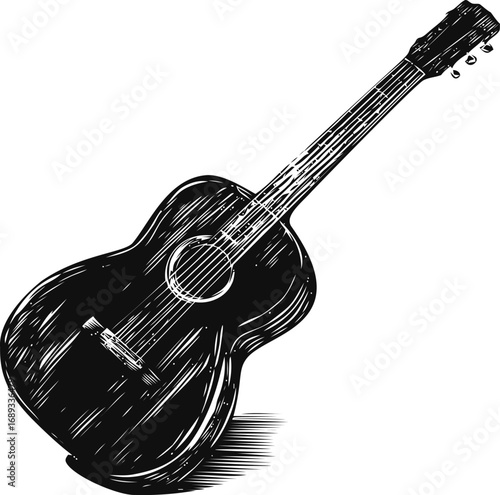 Black and white sketch of an acoustic guitar with detailed strings and body. Vector illustration