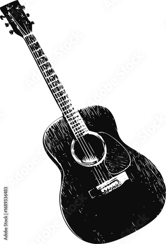 Black and white illustration of an acoustic guitar with artistic design. Vector illustration