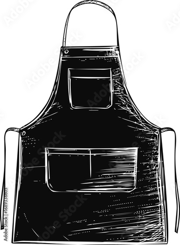Black and white sketch of a kitchen apron with two pockets. Vector illustration