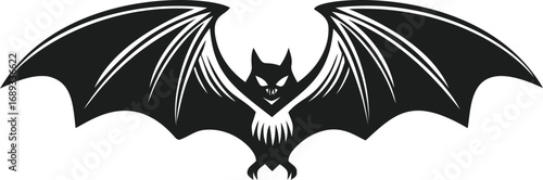 Stylized silhouette of a fierce bat with outstretched wings in black and white. Vector illustration