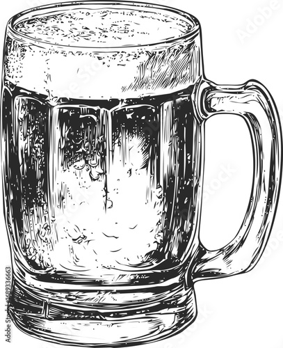 Detailed black and white sketch of a beer mug with foam, vintage illustration. Vector illustration