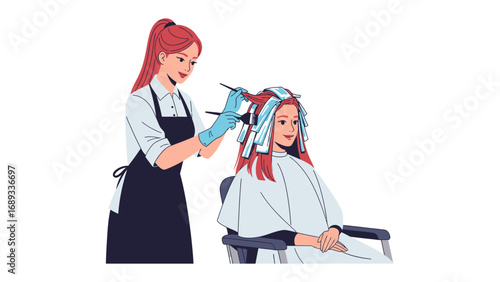 Professional hairstylist meticulously applies hair dye to a client s red hair using foils and a brush