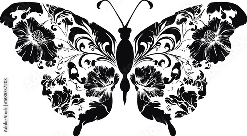 Black and white floral butterfly with intricate wing designs and elegant patterns. Vector illustration