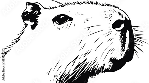 Black and white  of capybara head in profile. Vector illustration