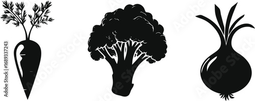 Silhouettes of carrot, broccoli, and onion in black. Vector illustration