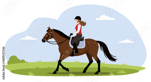 Woman Riding a Brown Horse in Equestrian Attire.