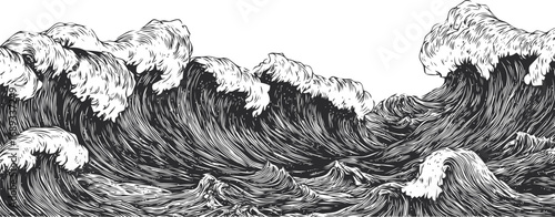 Dramatic black and white illustration of ocean waves with detailed line art. Vector illustration
