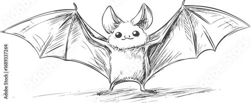 Cute cartoon bat sketch with large wings and happy expression, concept art. Vector illustration