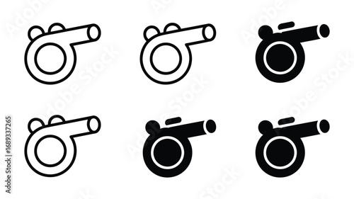 Collection of Whistle Vector Icons: Line Art, Solid, and Black Variations for Web and App Design.