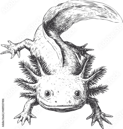 Detailed black and white illustration of a curious axolotl with wavy tail. Vector illustration