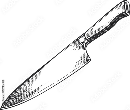 Sketch of a detailed chef knife with wooden handle in black and white. Vector illustration