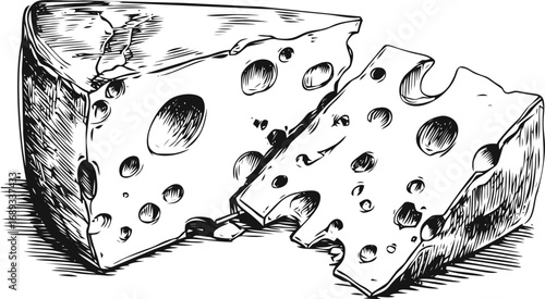 Black and white sketch of Swiss cheese with holes and texture. Vector illustration
