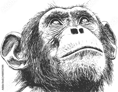 Detailed sketch of a chimpanzee looking upwards expressing curiosity. Vector illustration