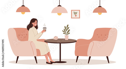 Woman Relaxing with Coffee in a Cozy Armchair Setting.