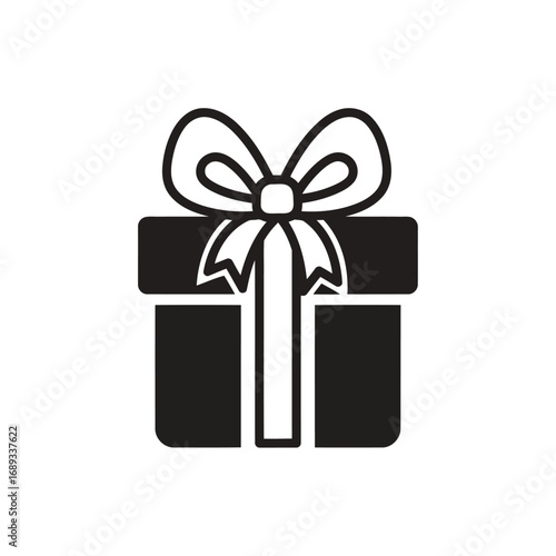 Black and white gift box icon with a ribbon and bow.